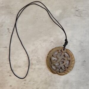 Vintage Carved Jade Pendant Necklace Chinese Symbol Leaf Black Cord 14 Inch Long